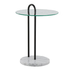 Claire Contemporary/Glam Side Table in White Marble and Black Metal with Clear Glass Table Top by LumiSource