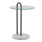 Claire Contemporary/Glam Side Table in White Marble and Black Metal with Clear Glass Table Top by LumiSource