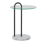 Claire Contemporary/Glam Side Table in White Marble and Black Metal with Clear Glass Table Top by LumiSource