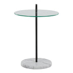 Claire Contemporary/Glam Side Table in White Marble and Black Metal with Clear Glass Table Top by LumiSource