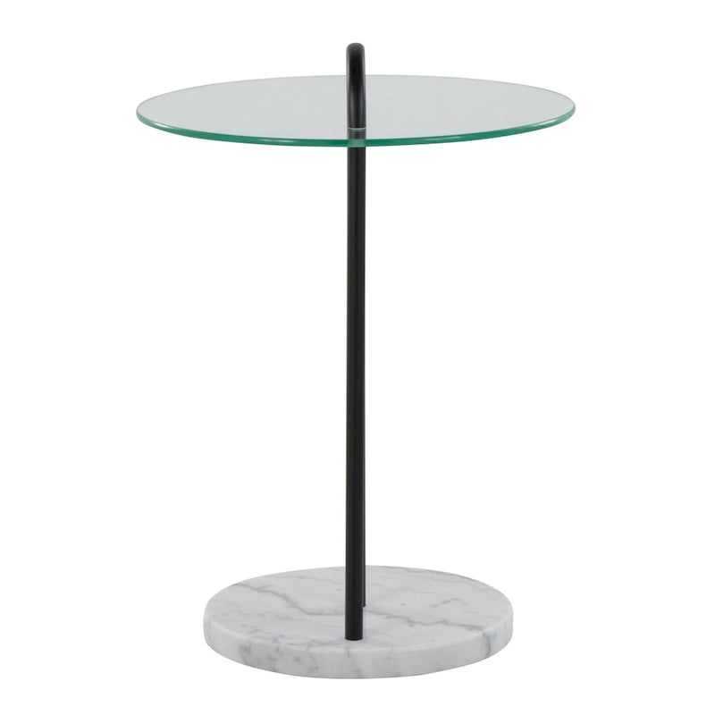 Claire Contemporary/Glam Side Table in White Marble and Black Metal with Clear Glass Table Top by LumiSource