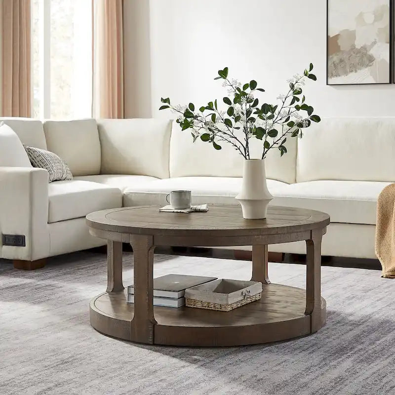 40 inch Large Curved 2 Tier Traditional Round Circle Wooden Center Coffee Table,Mid Century Vintage Design Rounded Wooden Table