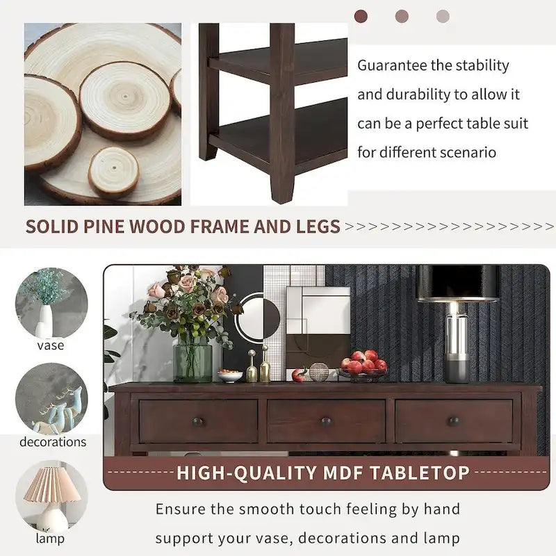 Mid-Century Solid Wood Console Table 3 Drawers 2 Shelves Entryway Storage