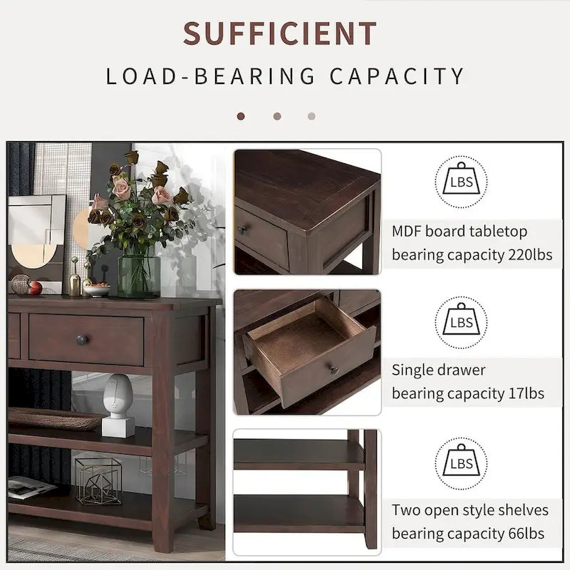 Mid-Century Solid Wood Console Table 3 Drawers 2 Shelves Entryway Storage