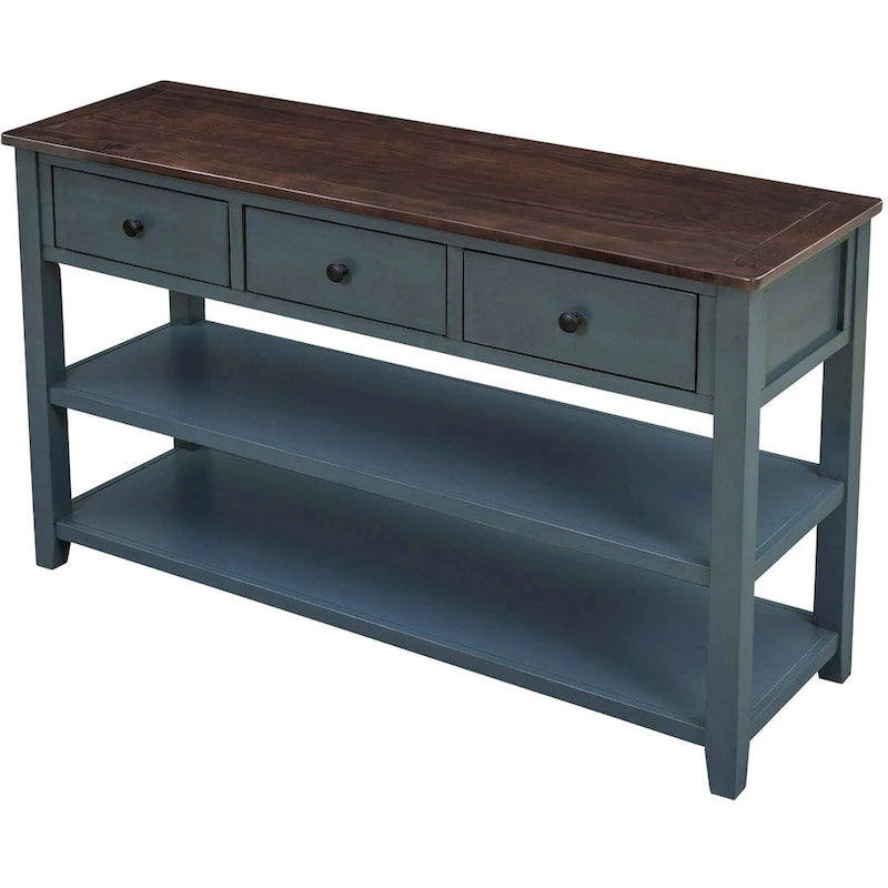 Mid-Century Solid Wood Console Table 3 Drawers 2 Shelves Entryway Storage