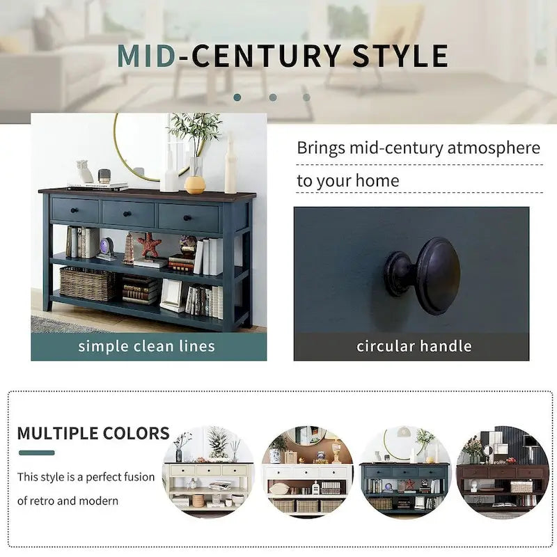 Mid-Century Solid Wood Console Table 3 Drawers 2 Shelves Entryway Storage