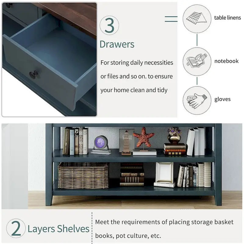 Mid-Century Solid Wood Console Table 3 Drawers 2 Shelves Entryway Storage