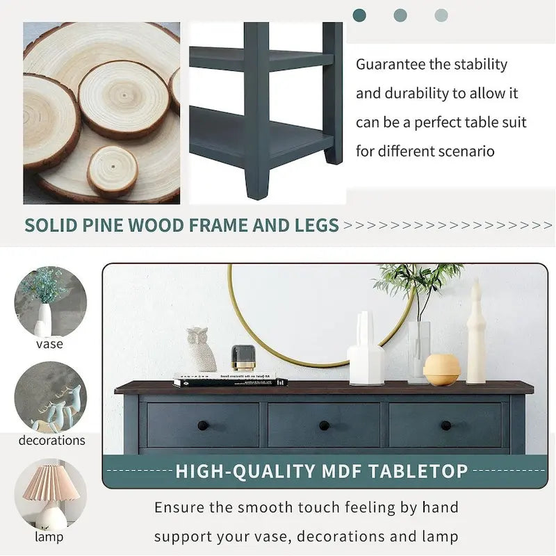 Mid-Century Solid Wood Console Table 3 Drawers 2 Shelves Entryway Storage