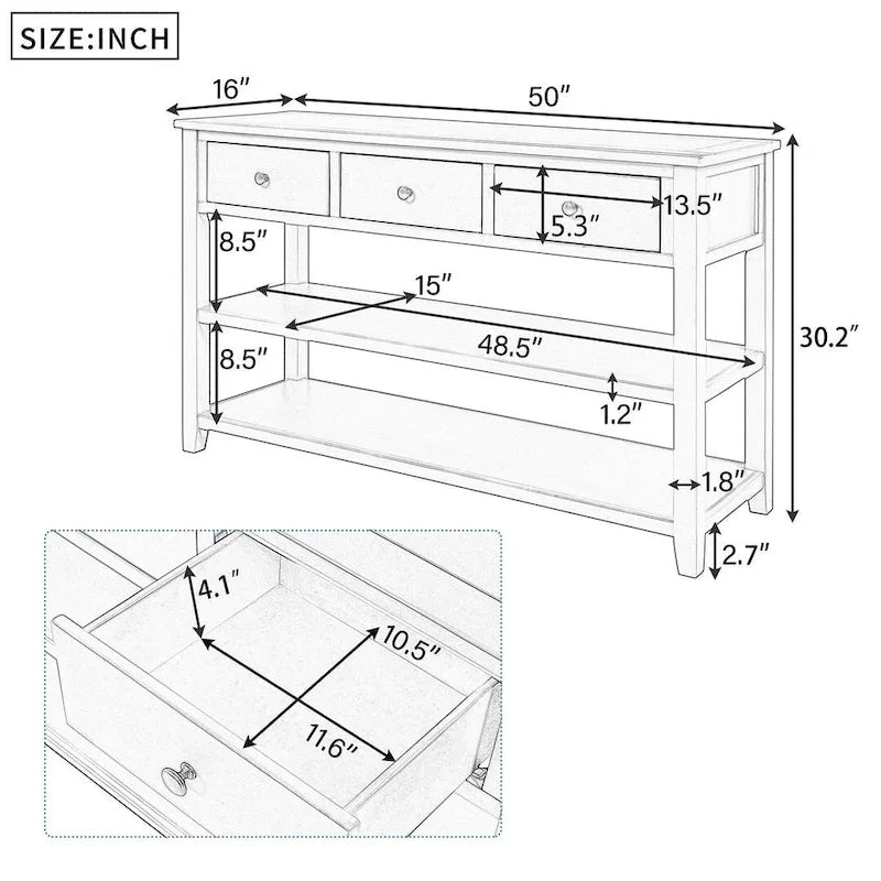 Mid-Century Solid Wood Console Table 3 Drawers 2 Shelves Entryway Storage