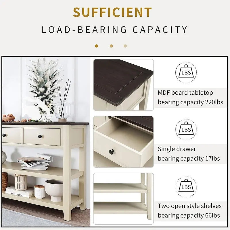 Mid-Century Solid Wood Console Table 3 Drawers 2 Shelves Entryway Storage