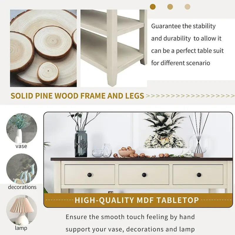 Mid-Century Solid Wood Console Table 3 Drawers 2 Shelves Entryway Storage