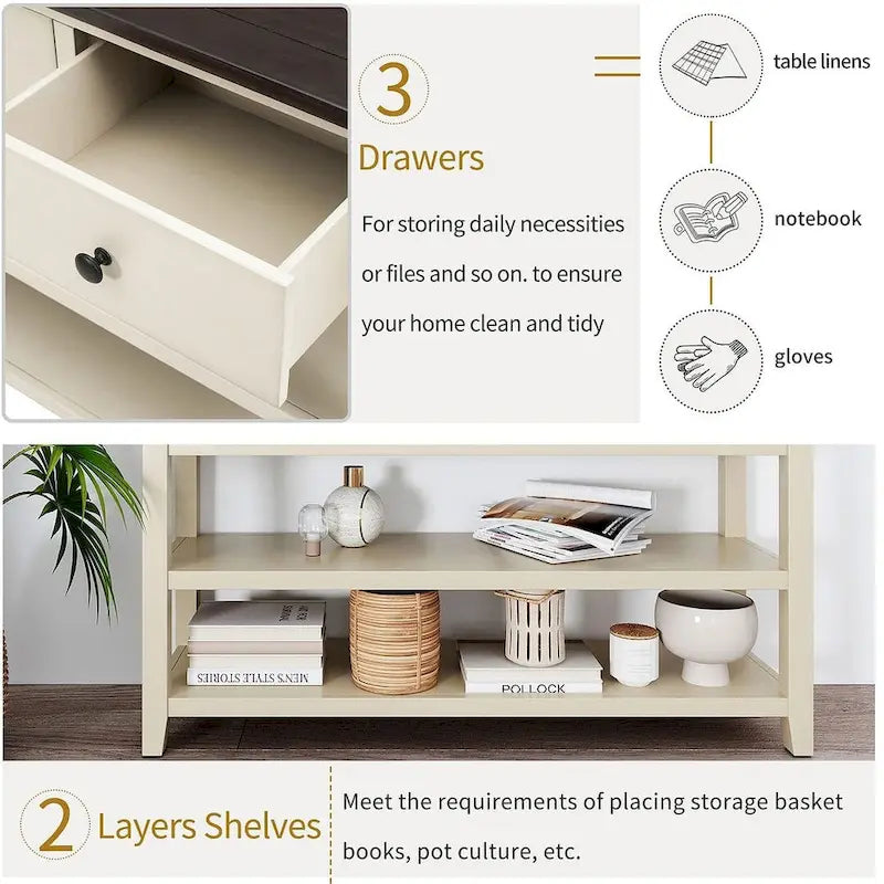 Mid-Century Solid Wood Console Table 3 Drawers 2 Shelves Entryway Storage