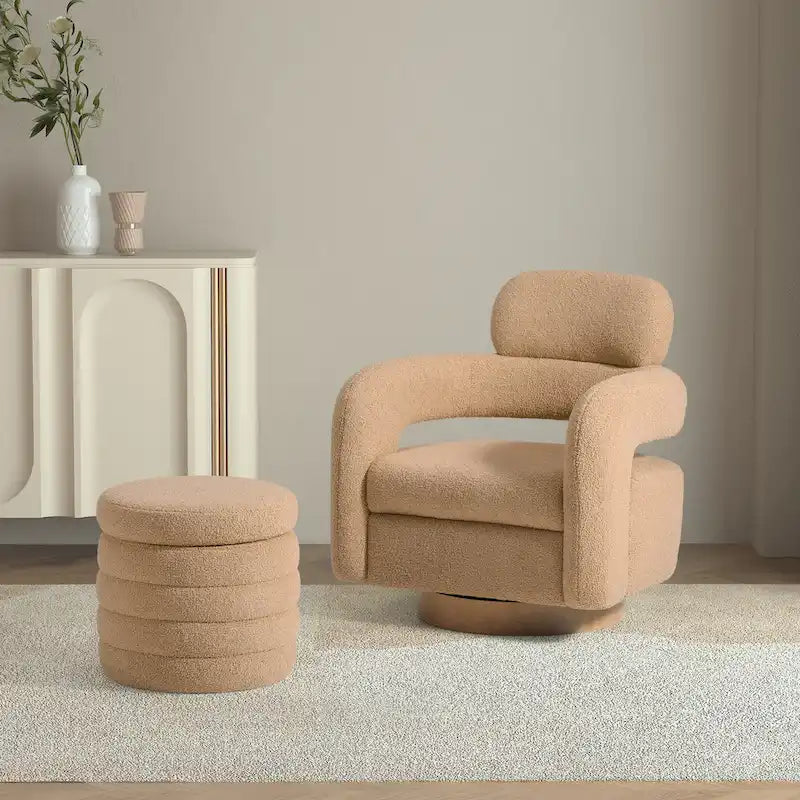 Bayville Sherpa Swivel Chair With Round Storage Ottoman 2-Piece Set