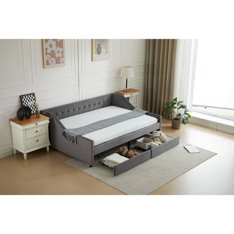 Modern Upholstered Sofa Bed with 2 Drawers and Wooden Frame, Vertical Stripes for Home Lounge Area and Office