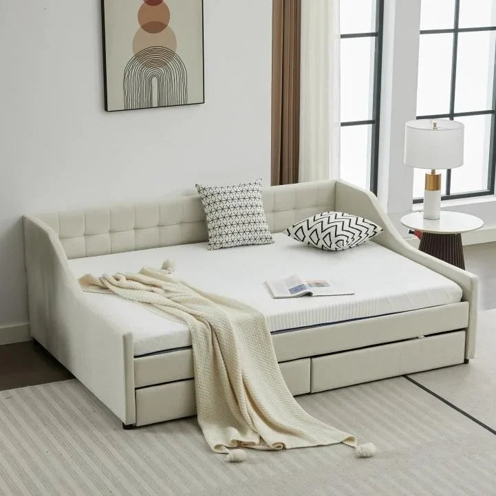 Modern Upholstered Sofa Bed with 2 Drawers and Wooden Frame, Vertical Stripes for Home Lounge Area and Office
