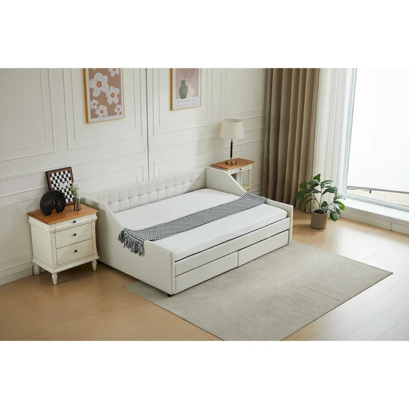 Modern Upholstered Sofa Bed with 2 Drawers and Wooden Frame, Vertical Stripes for Home Lounge Area and Office