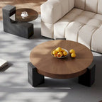 37 Modern Round Nesting Coffee Table,Mid Century Wood Coffee Table, Brown & Black Solid Wood Veneer, Set of 2
