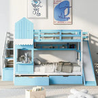 Full-Over-Full Castle Style Bunk Bed with 2 Drawers 3 Shelves and Slide for Kids Teens Adults Space-Saving, Easy Assembly