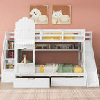 Full-Over-Full Castle Style Bunk Bed with 2 Drawers 3 Shelves and Slide for Kids Teens Adults Space-Saving, Easy Assembly