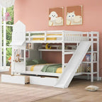Full-Over-Full Castle Style Bunk Bed with 2 Drawers 3 Shelves and Slide for Kids Teens Adults Space-Saving, Easy Assembly