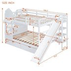 Full-Over-Full Castle Style Bunk Bed with 2 Drawers 3 Shelves and Slide for Kids Teens Adults Space-Saving, Easy Assembly