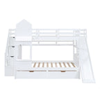 Full-Over-Full Castle Style Bunk Bed with 2 Drawers 3 Shelves and Slide for Kids Teens Adults Space-Saving, Easy Assembly