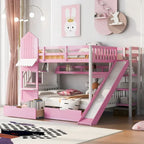 Full-Over-Full Castle Style Bunk Bed with 2 Drawers 3 Shelves and Slide for Kids Teens Adults Space-Saving, Easy Assembly