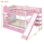 Full-Over-Full Castle Style Bunk Bed with 2 Drawers 3 Shelves and Slide for Kids Teens Adults Space-Saving, Easy Assembly