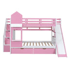 Full-Over-Full Castle Style Bunk Bed with 2 Drawers 3 Shelves and Slide for Kids Teens Adults Space-Saving, Easy Assembly
