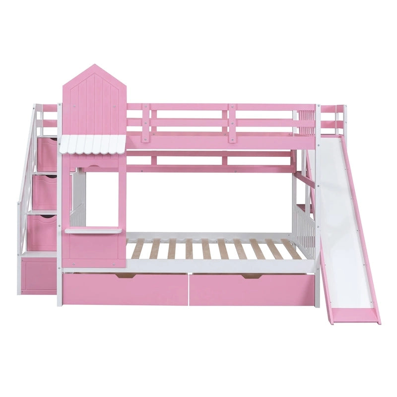 Full-Over-Full Castle Style Bunk Bed with 2 Drawers 3 Shelves and Slide for Kids Teens Adults Space-Saving, Easy Assembly