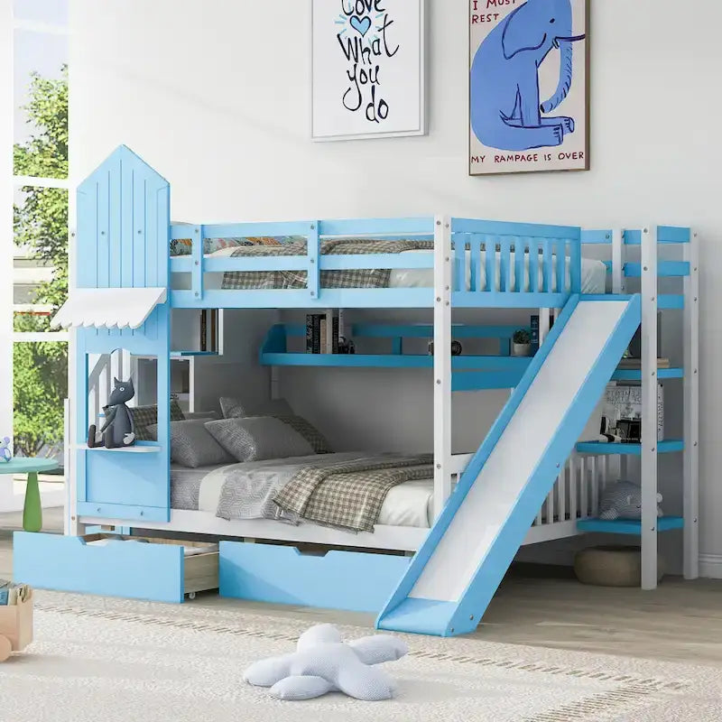 Full-Over-Full Castle Style Bunk Bed with 2 Drawers 3 Shelves and Slide for Kids Teens Adults Space-Saving, Easy Assembly