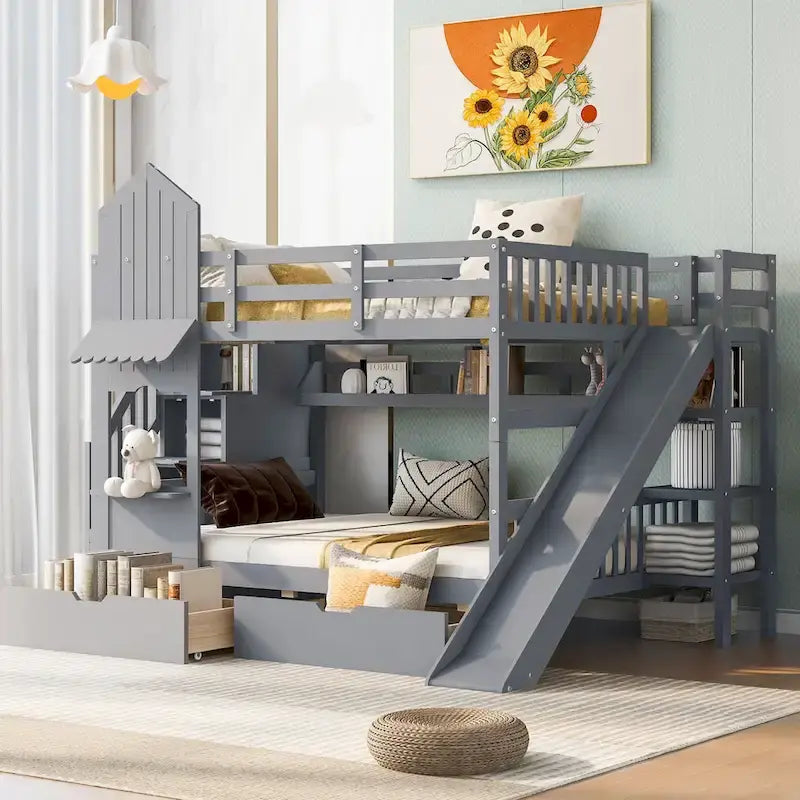 Full-Over-Full Castle Style Bunk Bed with 2 Drawers 3 Shelves and Slide for Kids Teens Adults Space-Saving, Easy Assembly