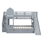 Full-Over-Full Castle Style Bunk Bed with 2 Drawers 3 Shelves and Slide for Kids Teens Adults Space-Saving, Easy Assembly