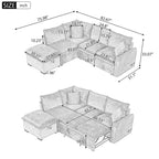 L-Shaped Sectional Pull Out Sofa 4-Seater Convertible Couch with 2 USB Ports Power Sockets and Movable Storage Ottoman