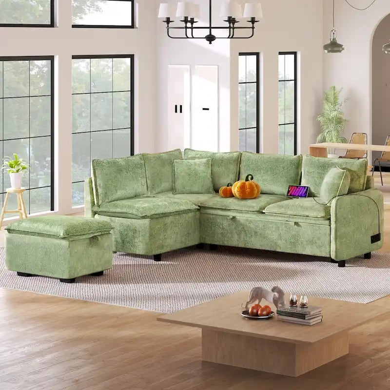 L-Shaped Sectional Pull Out Sofa 4-Seater Convertible Couch with 2 USB Ports Power Sockets and Movable Storage Ottoman