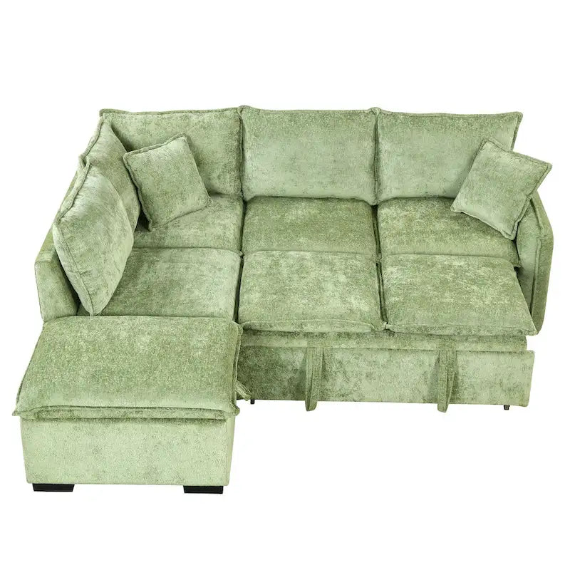 L-Shaped Sectional Pull Out Sofa 4-Seater Convertible Couch with 2 USB Ports Power Sockets and Movable Storage Ottoman