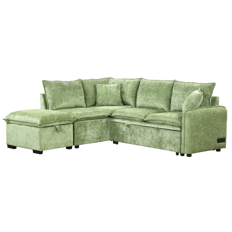 L-Shaped Sectional Pull Out Sofa 4-Seater Convertible Couch with 2 USB Ports Power Sockets and Movable Storage Ottoman