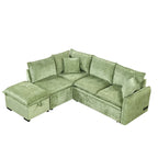 L-Shaped Sectional Pull Out Sofa 4-Seater Convertible Couch with 2 USB Ports Power Sockets and Movable Storage Ottoman