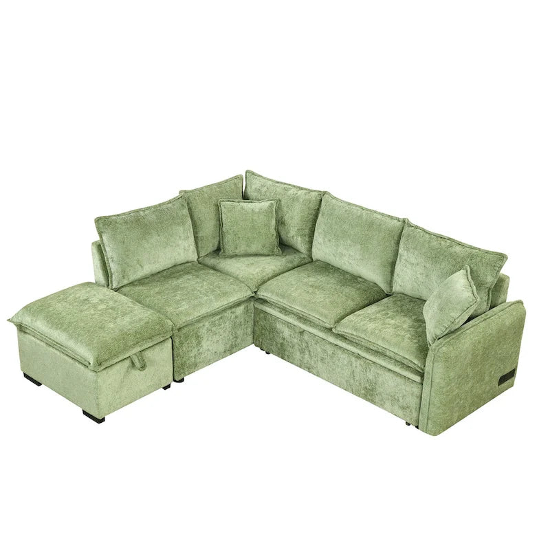 L-Shaped Sectional Pull Out Sofa 4-Seater Convertible Couch with 2 USB Ports Power Sockets and Movable Storage Ottoman