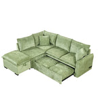 L-Shaped Sectional Pull Out Sofa 4-Seater Convertible Couch with 2 USB Ports Power Sockets and Movable Storage Ottoman