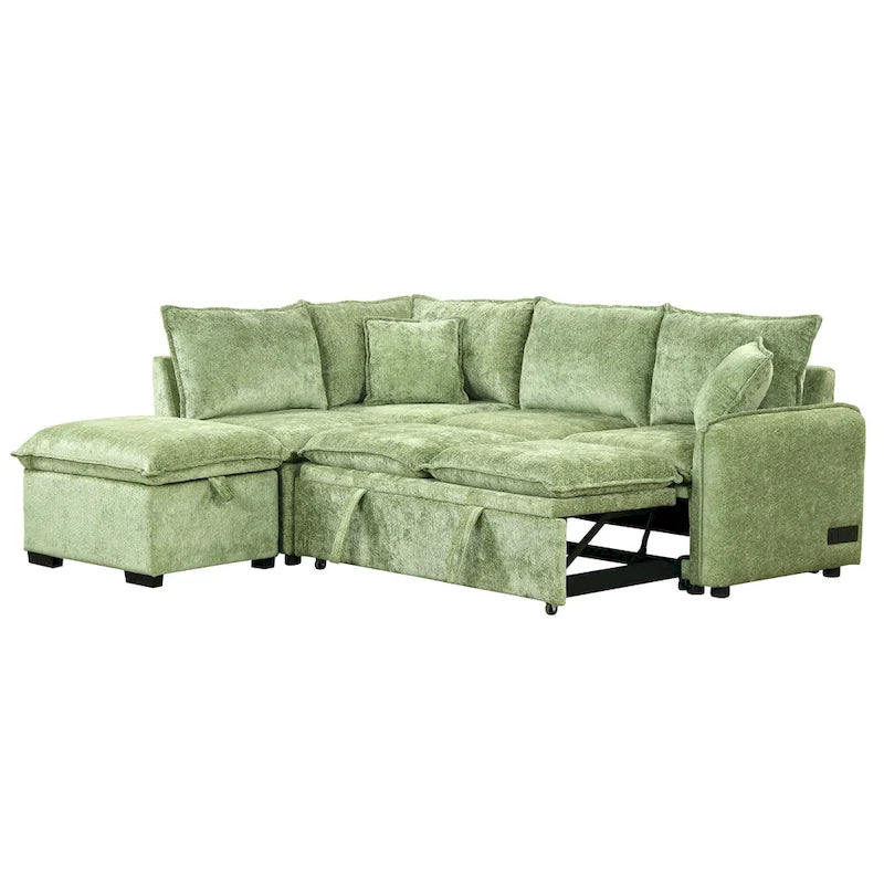 L-Shaped Sectional Pull Out Sofa 4-Seater Convertible Couch with 2 USB Ports Power Sockets and Movable Storage Ottoman