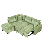 L-Shaped Sectional Pull Out Sofa 4-Seater Convertible Couch with 2 USB Ports Power Sockets and Movable Storage Ottoman