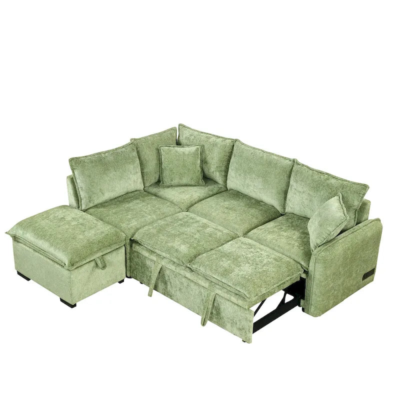 L-Shaped Sectional Pull Out Sofa 4-Seater Convertible Couch with 2 USB Ports Power Sockets and Movable Storage Ottoman