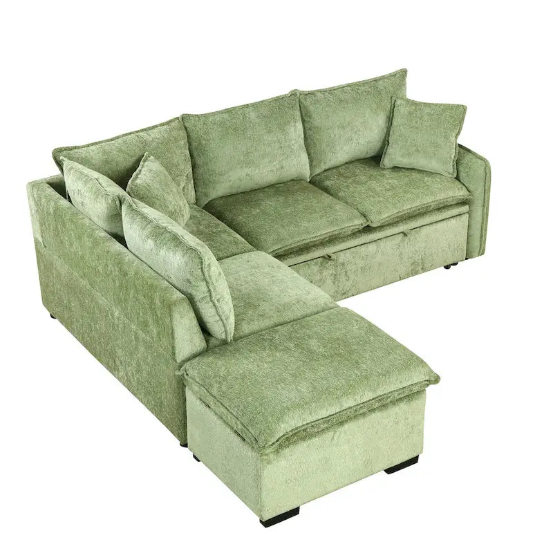 L-Shaped Sectional Pull Out Sofa 4-Seater Convertible Couch with 2 USB Ports Power Sockets and Movable Storage Ottoman