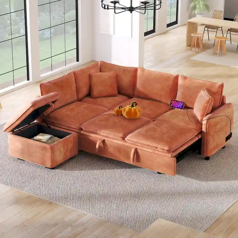 L-Shaped Sectional Pull Out Sofa 4-Seater Convertible Couch with 2 USB Ports Power Sockets and Movable Storage Ottoman
