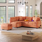 L-Shaped Sectional Pull Out Sofa 4-Seater Convertible Couch with 2 USB Ports Power Sockets and Movable Storage Ottoman