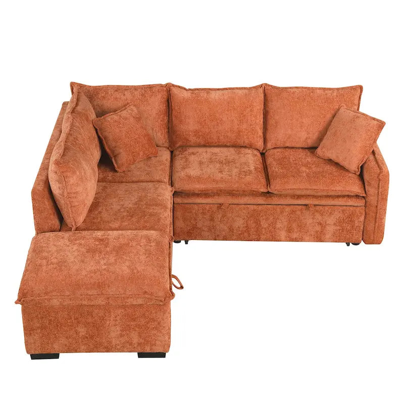 L-Shaped Sectional Pull Out Sofa 4-Seater Convertible Couch with 2 USB Ports Power Sockets and Movable Storage Ottoman