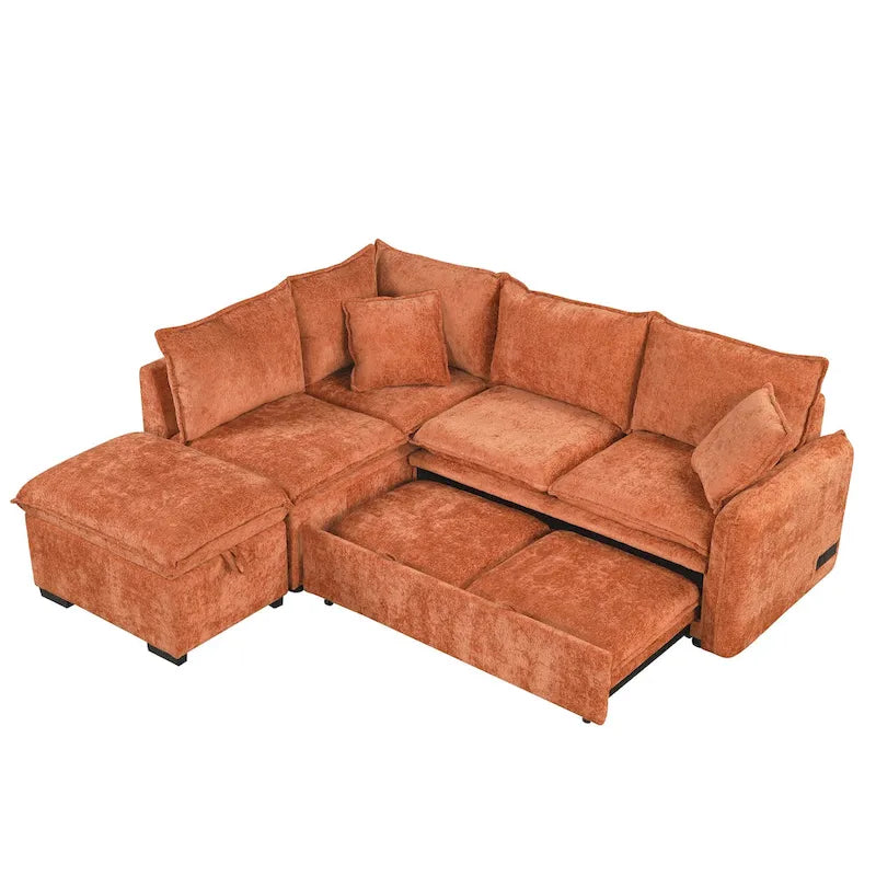 L-Shaped Sectional Pull Out Sofa 4-Seater Convertible Couch with 2 USB Ports Power Sockets and Movable Storage Ottoman