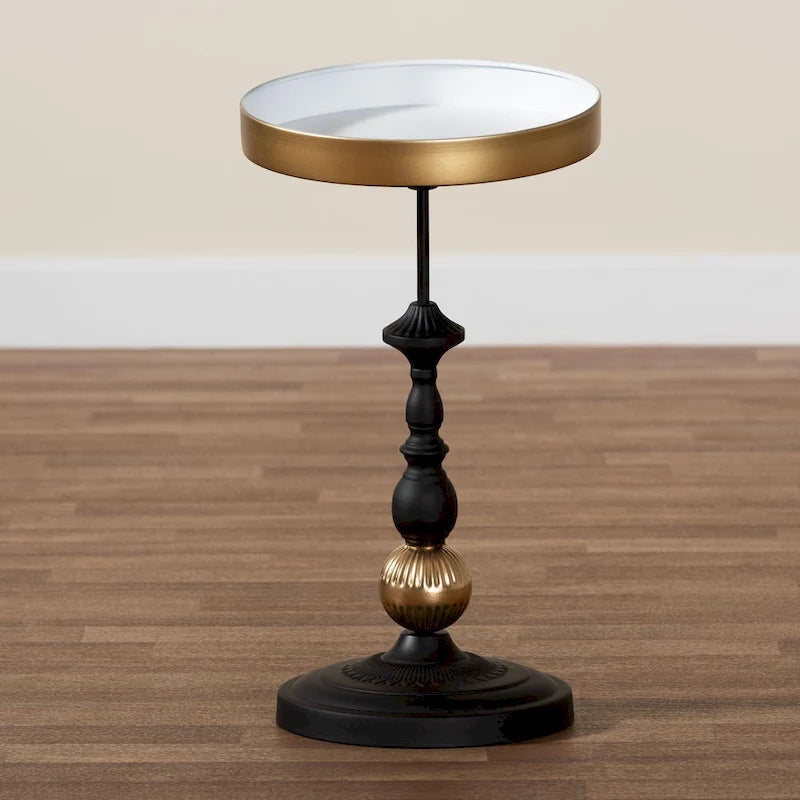 Javion Modern Glam Round Accent Side Table - Black & Gold Metal End Table with Tray Top for Indoor or Semi-Outdoor Use