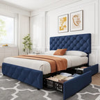 Linen Upholstered Platform Bed Frame with Adjustable Headboard